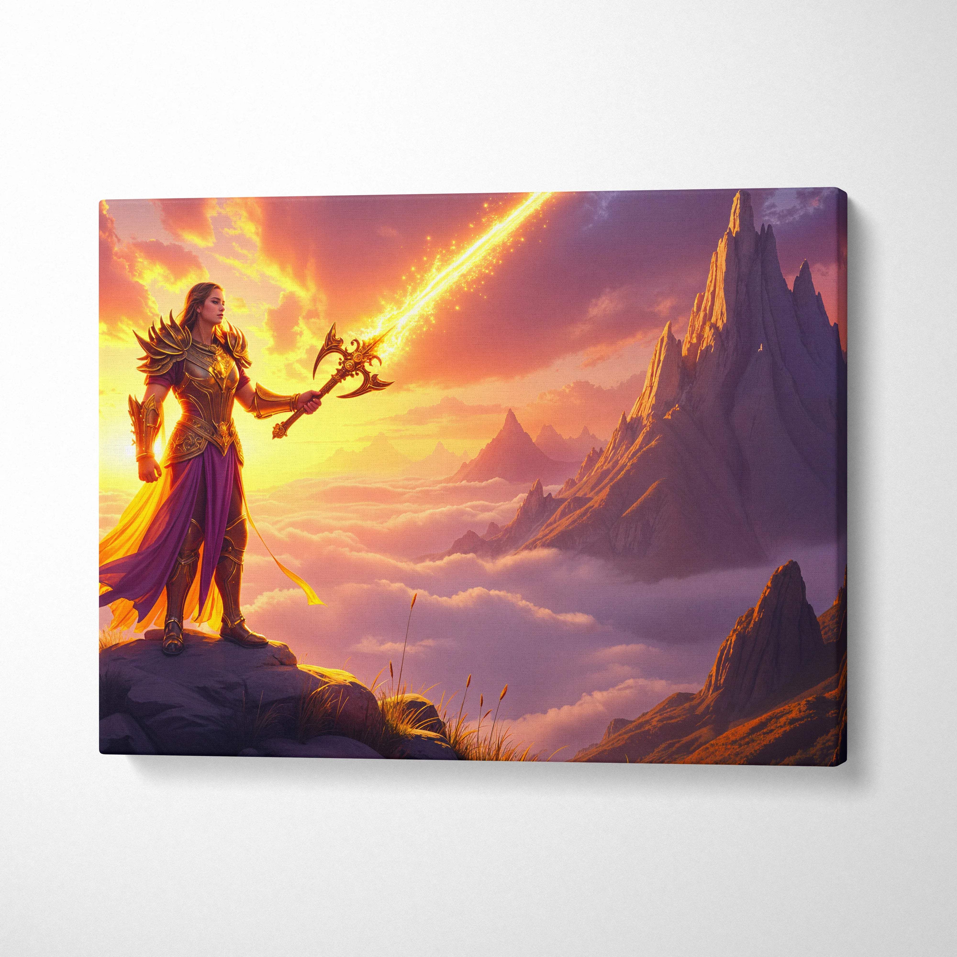 Visionary warrior with blazing golden blade in sunrise light canvas art