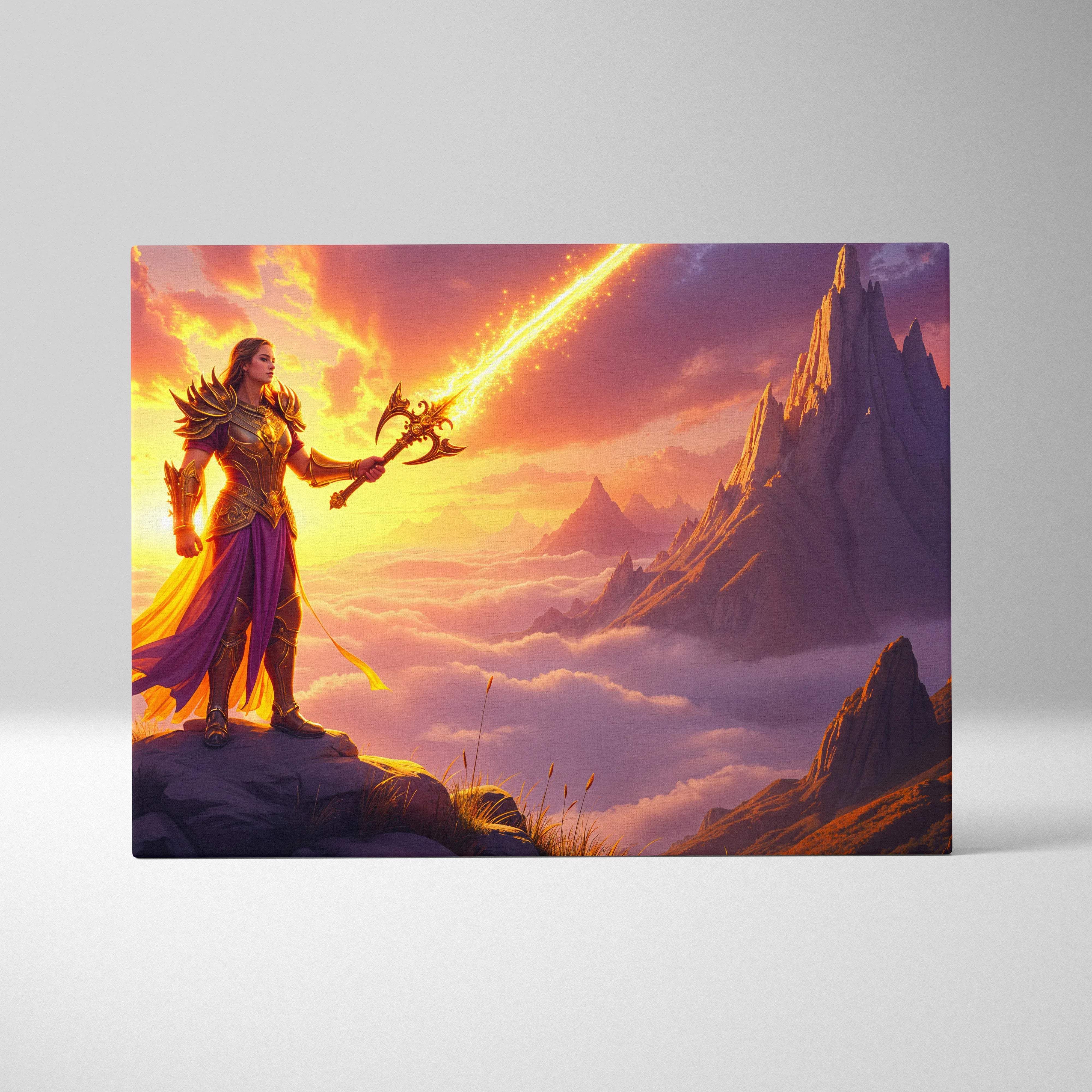 Fantasy warrior in golden armor with blazing axe on canvas print