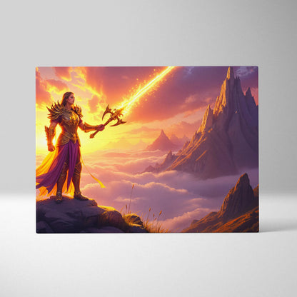 Fantasy warrior in golden armor with blazing axe on canvas print