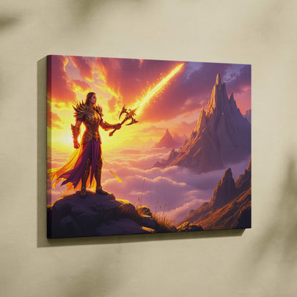 Visionary warrior with blazing golden blade in sunrise light canvas art