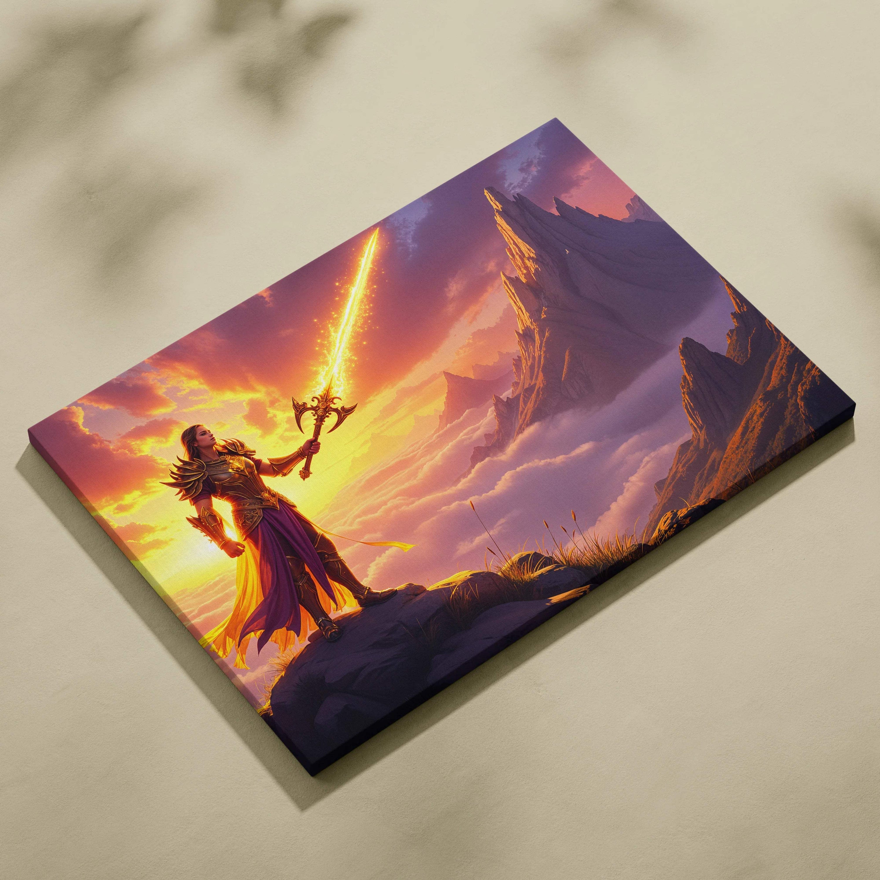 Visionary warrior with blazing golden blade in sunrise light canvas art