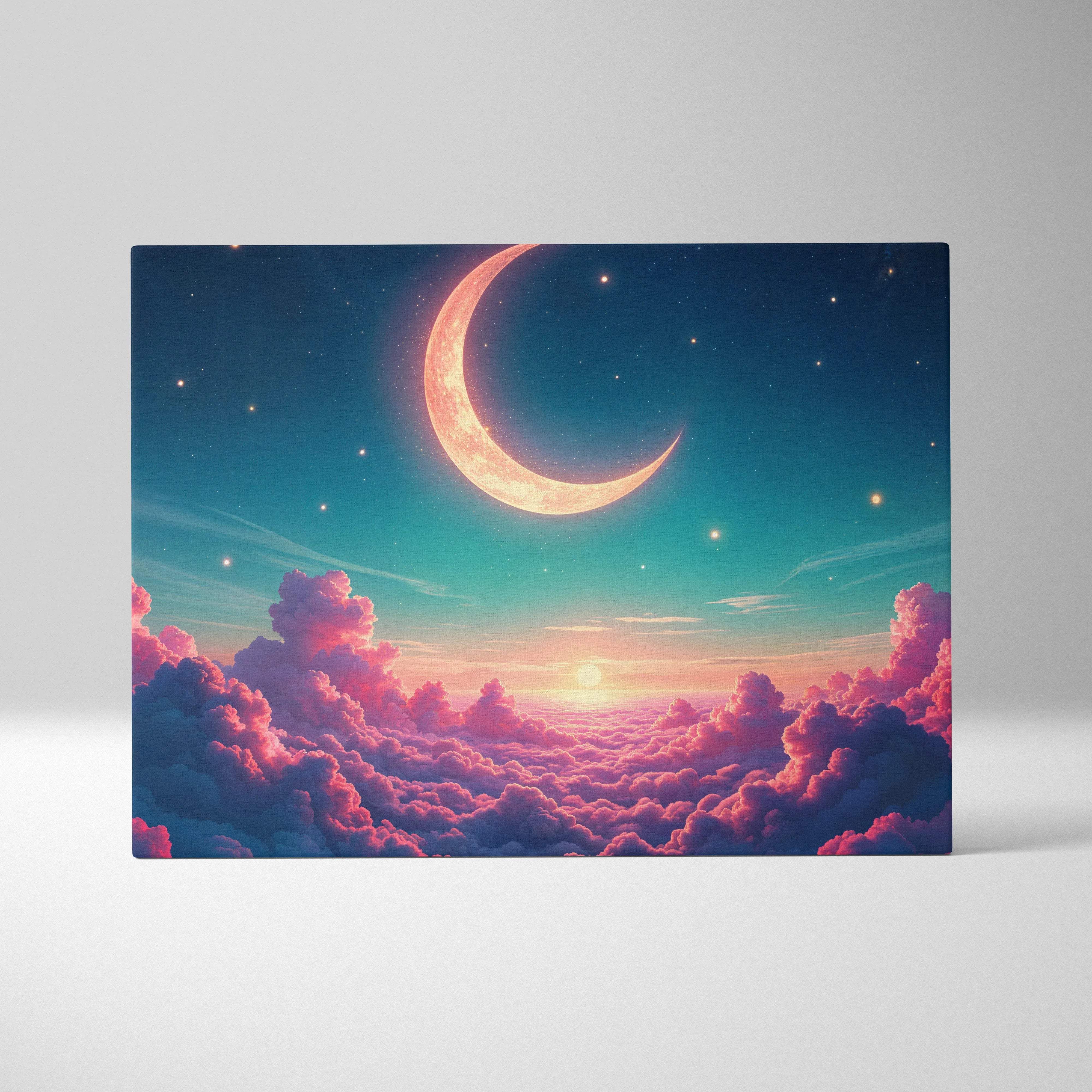Surreal crescent moon over cotton candy clouds at dawn canvas wall art