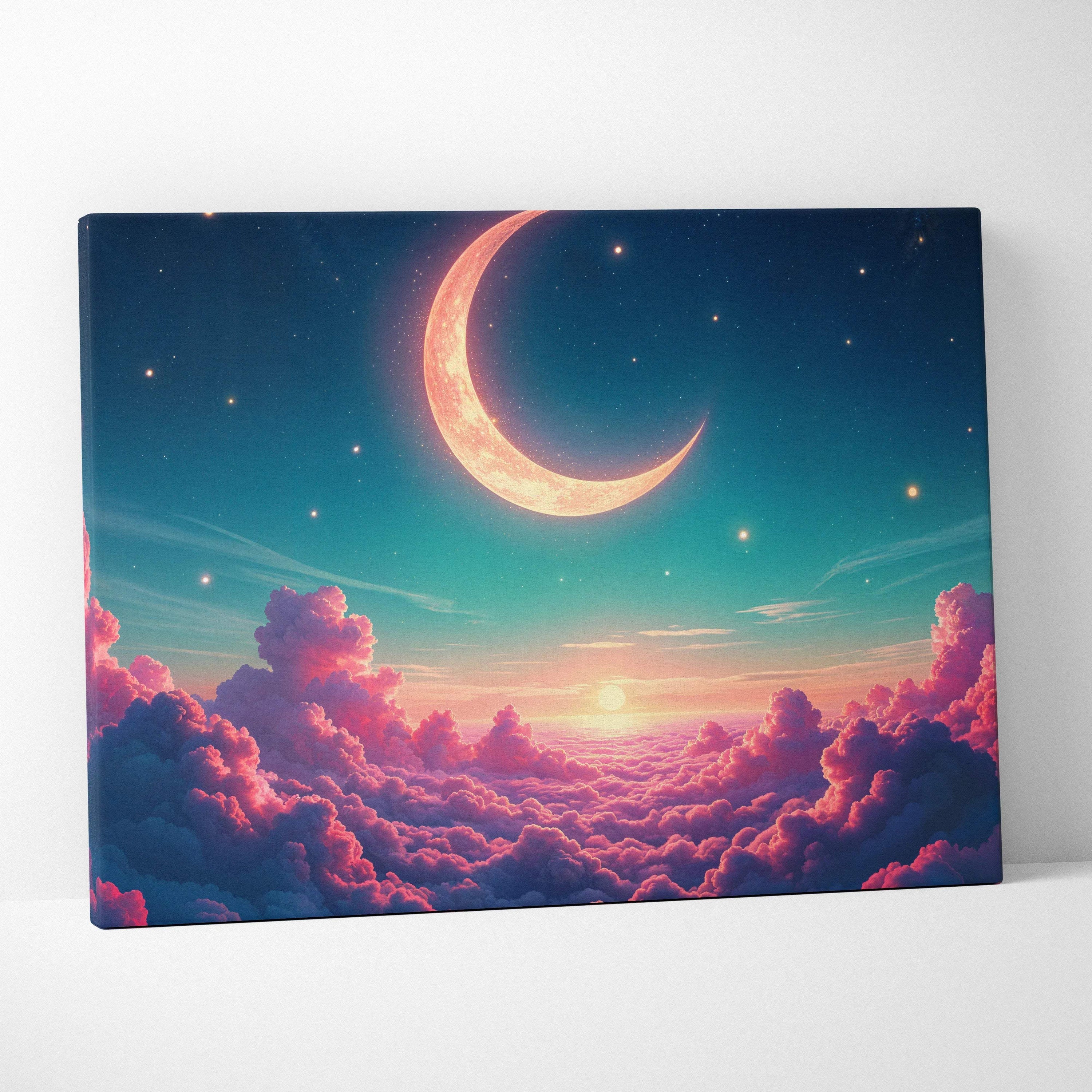 Pastel dawn crescent moon over rose clouds canvas wall art with starry sky