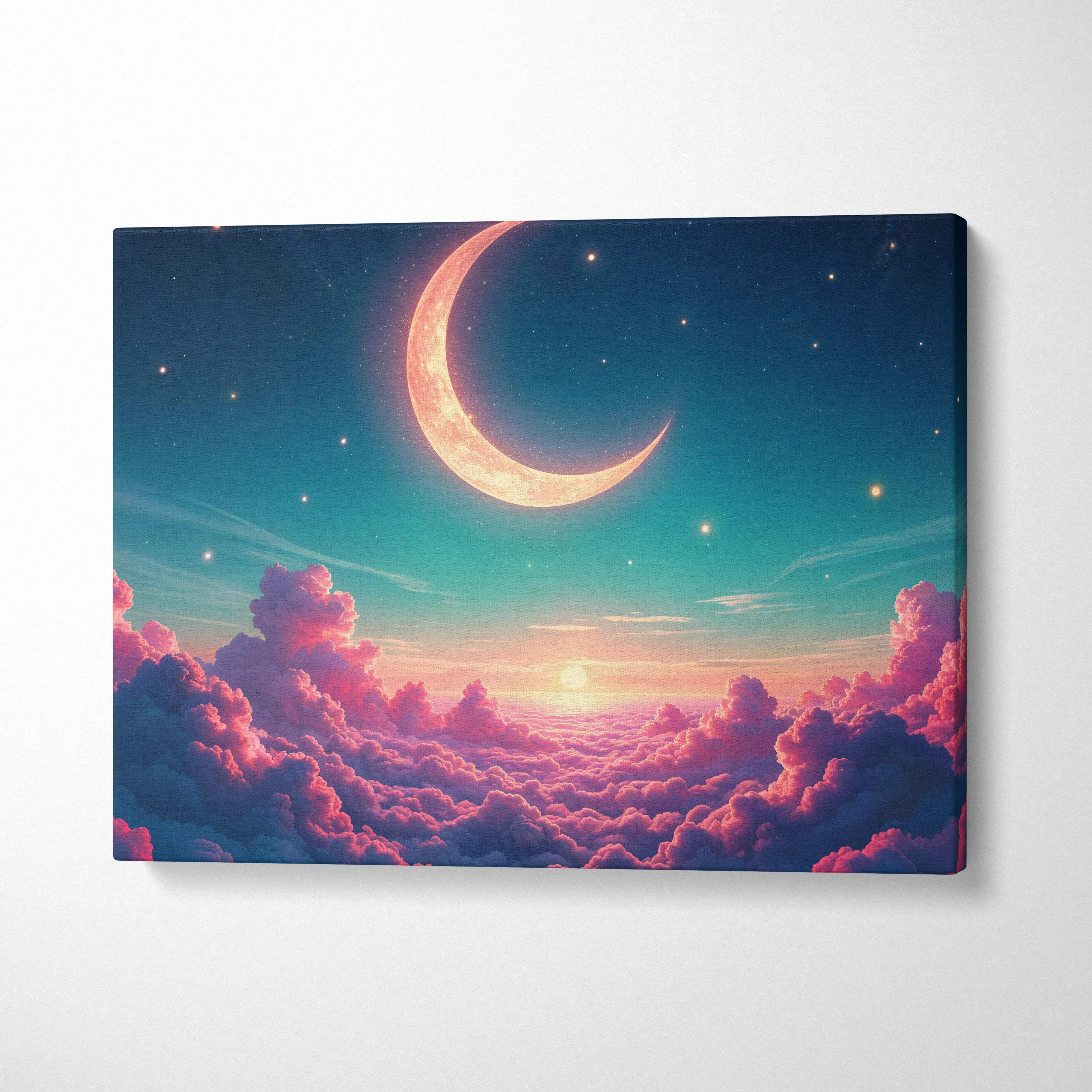 Pastel dawn crescent moon over rose clouds canvas wall art with starry sky