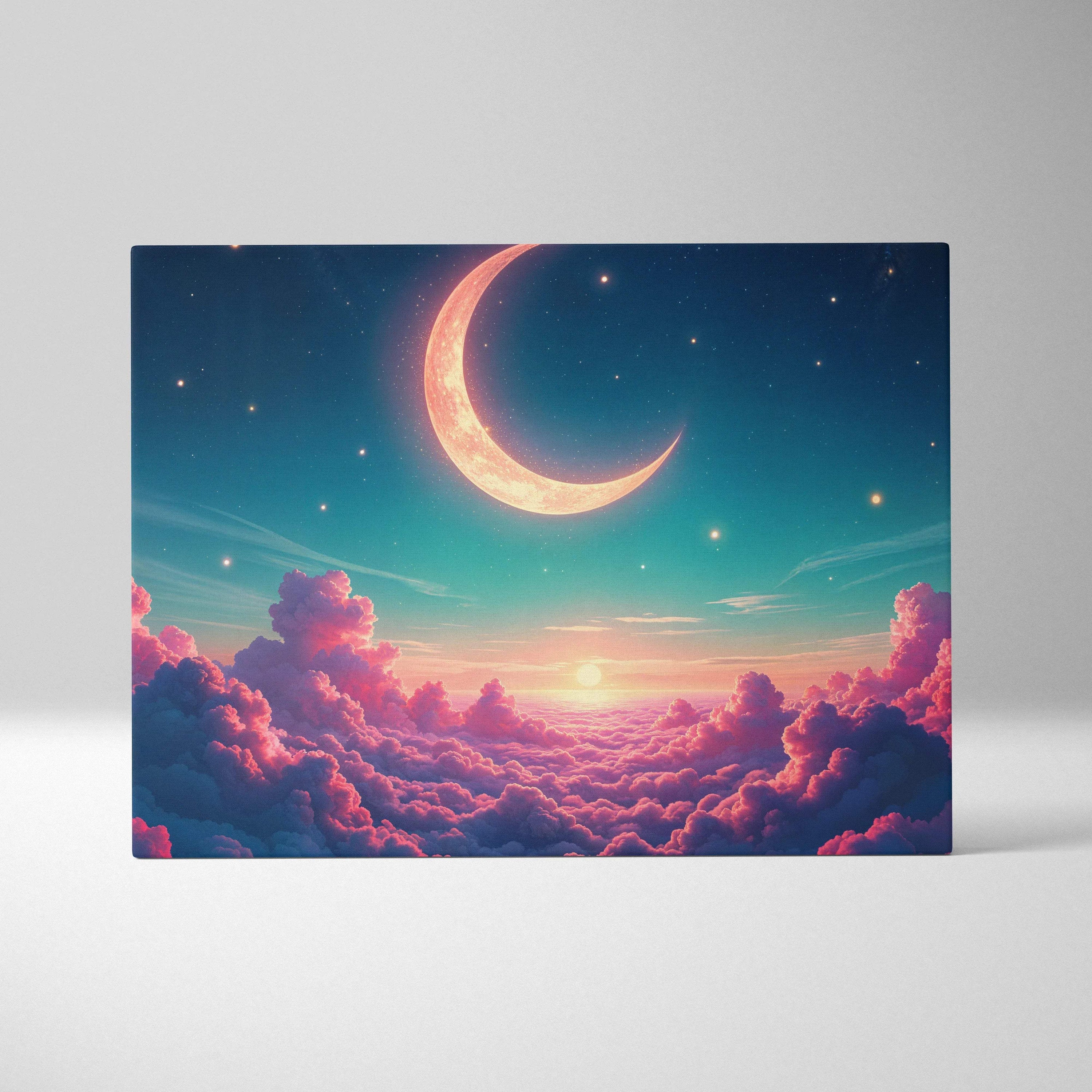 Pastel dawn crescent moon over rose clouds canvas wall art with starry sky