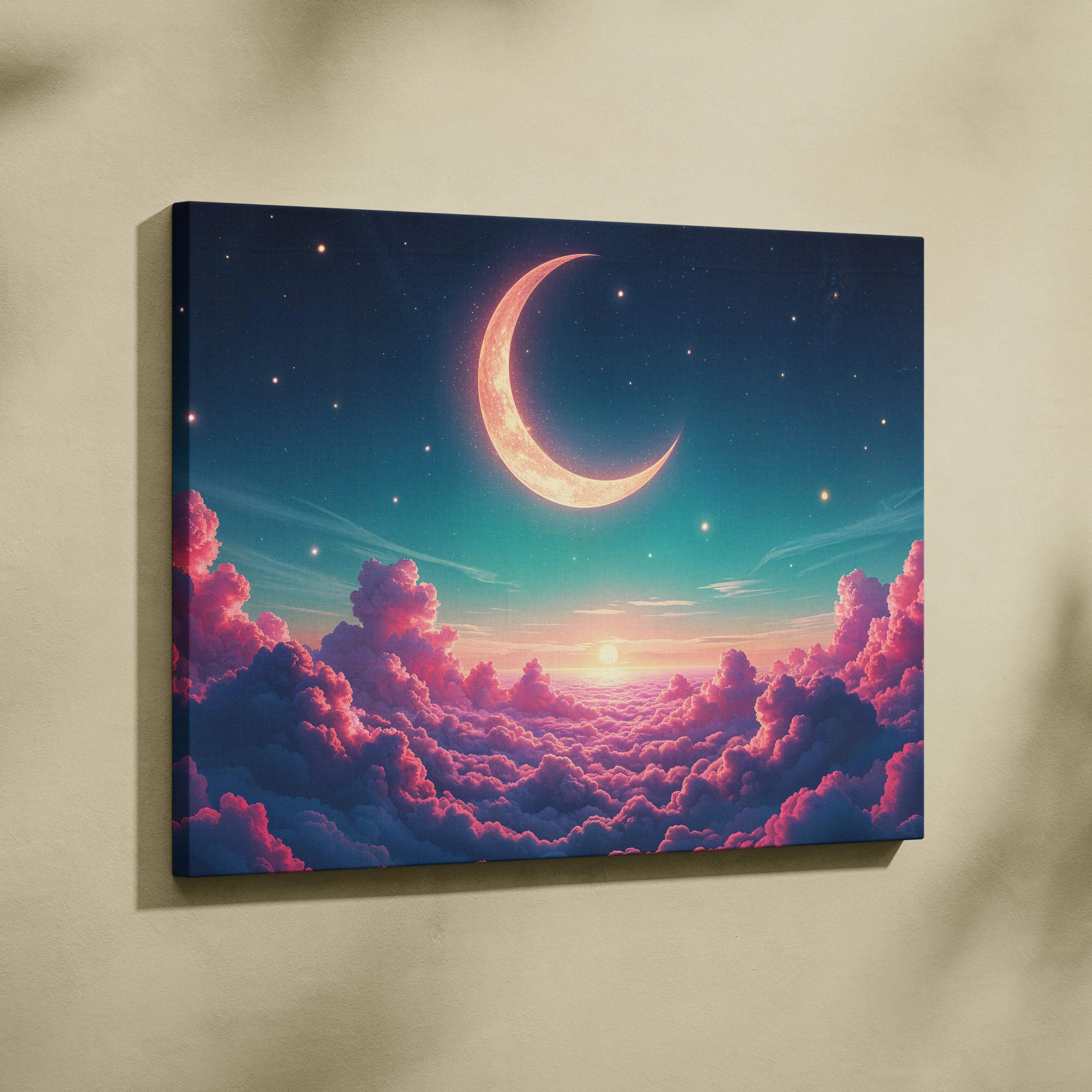 Pastel dawn crescent moon over rose clouds canvas wall art with starry sky