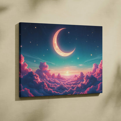 Pastel dawn crescent moon over rose clouds canvas wall art with starry sky