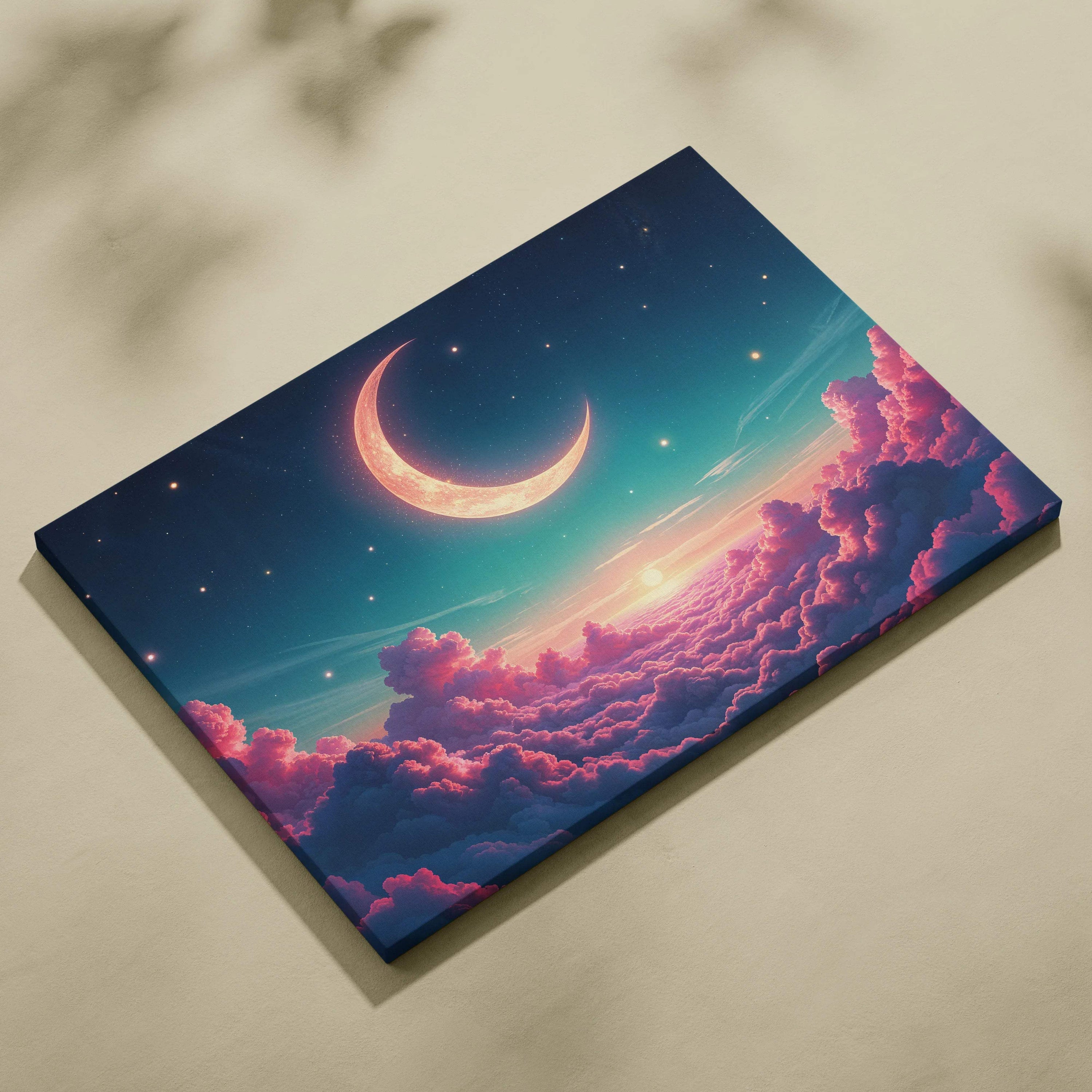 Pastel dawn crescent moon over rose clouds canvas wall art with starry sky