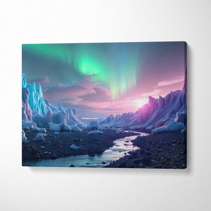Emerald aurora over icy glaciers at twilight canvas wall art with stream