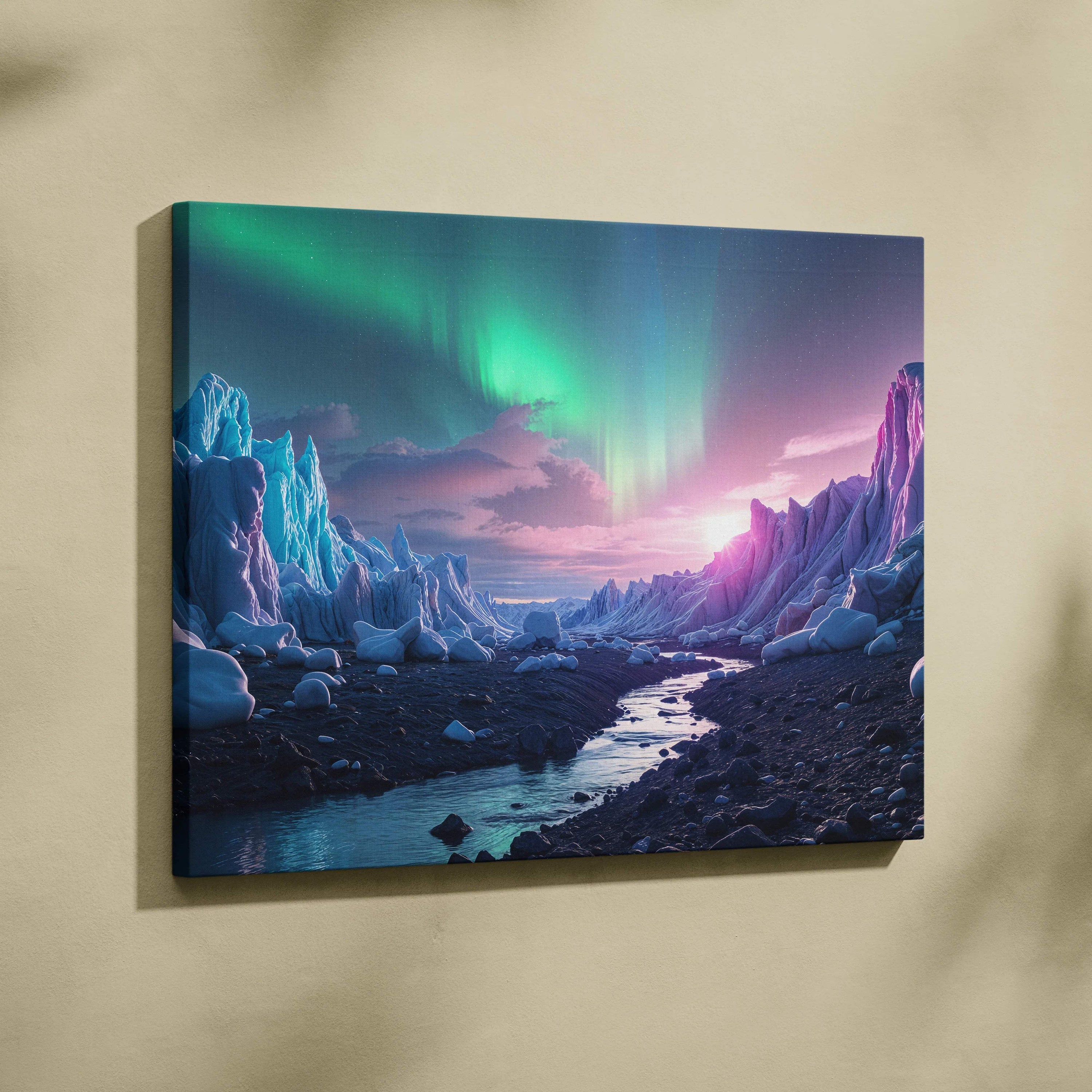 Emerald aurora over icy glaciers with stream at twilight canvas art