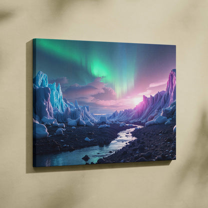 Emerald aurora over icy glaciers with stream at twilight canvas art