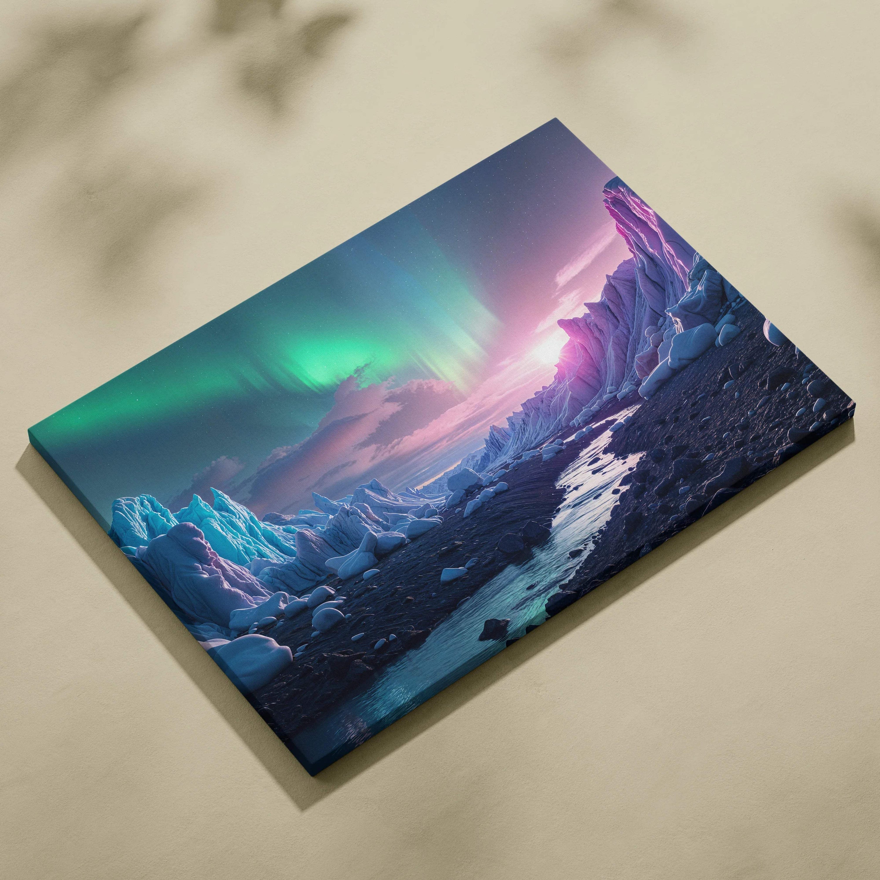 Emerald aurora borealis over icy glaciers with stream at twilight canvas art