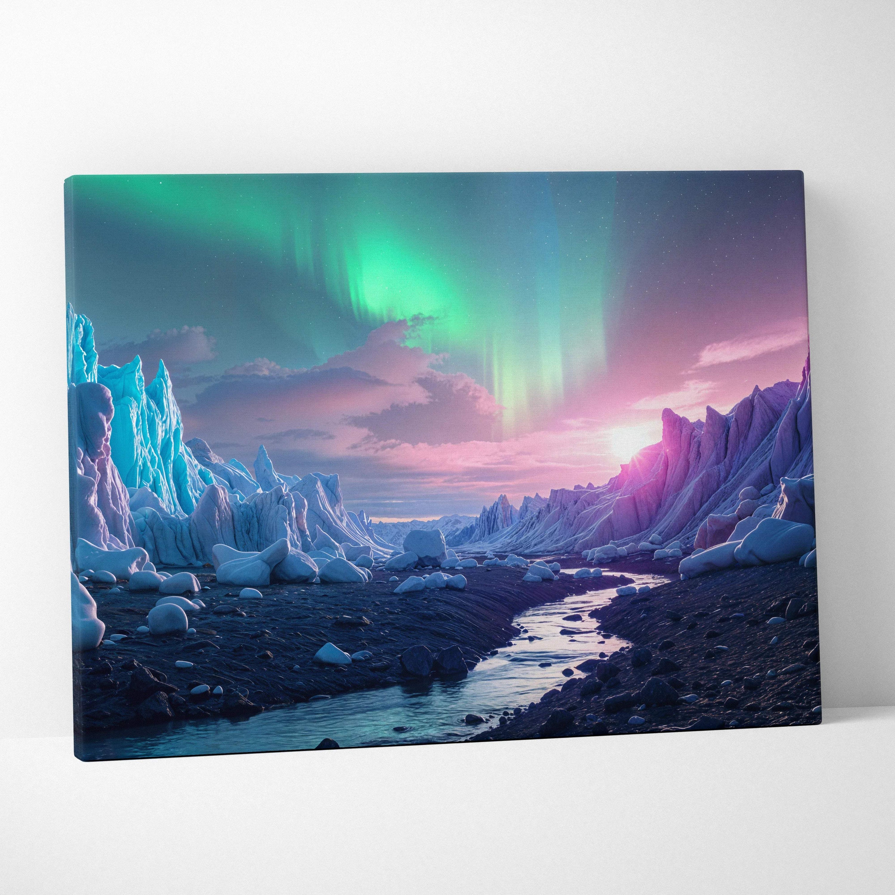 Emerald aurora over icy glaciers at twilight canvas wall art with stream