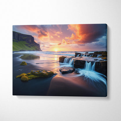 Visionary coastal sunset canvas print with emerald cliffs and surreal waterfalls