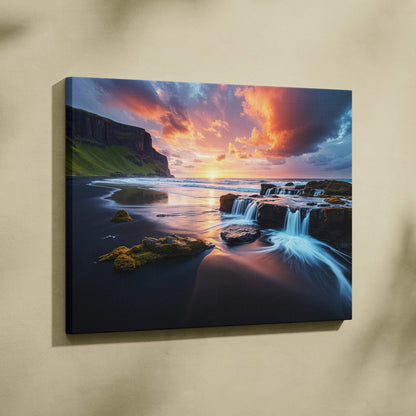 Visionary coastal sunset canvas with emerald cliffs, surreal waterfalls, black sand beach