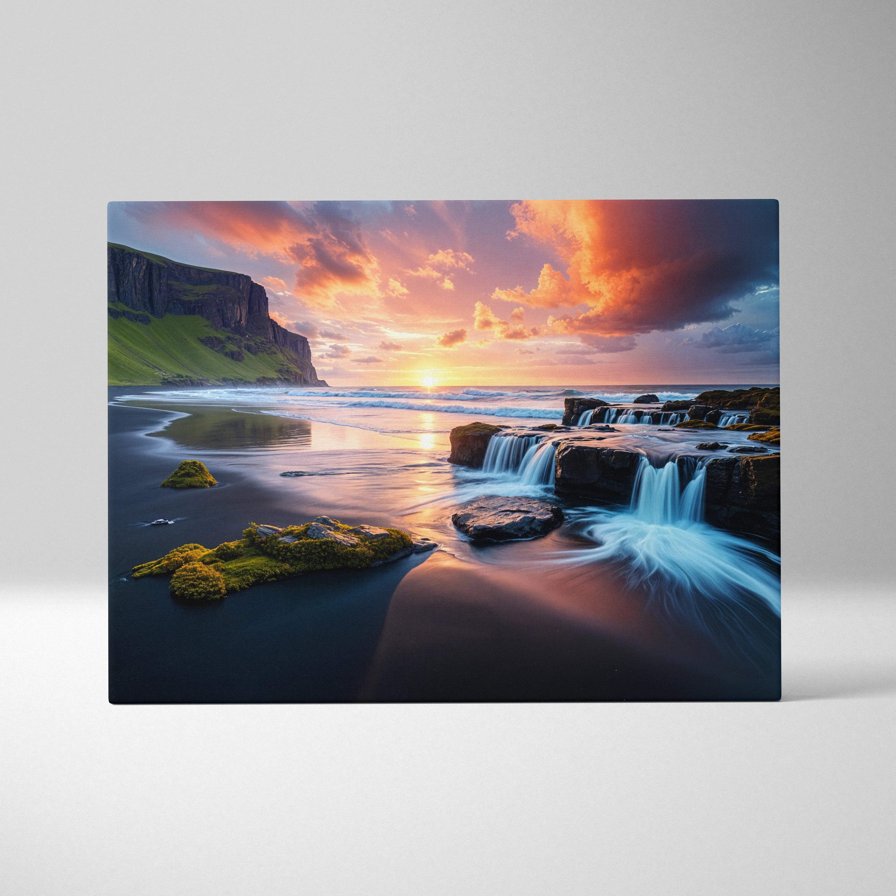 Visionary coastal sunset canvas print with emerald cliffs, surreal waterfalls