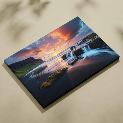 Vibrant coastal sunset canvas art with emerald cliffs, glassy shoreline, surreal waterfalls