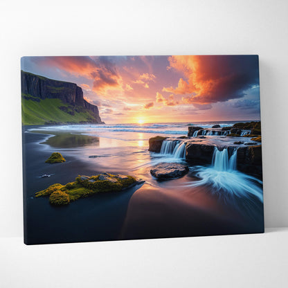Visionary coastal sunset canvas with emerald cliffs, waterfalls