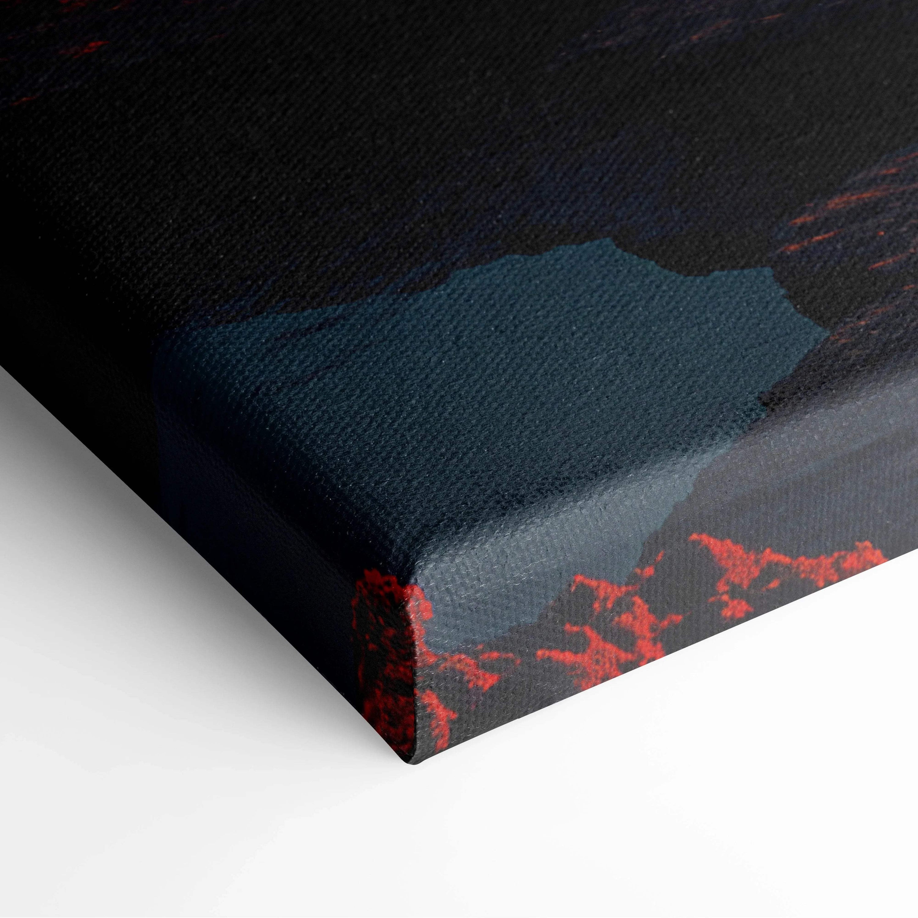 Black textured canvas print of visionary sunset over snow peaks and lava fields