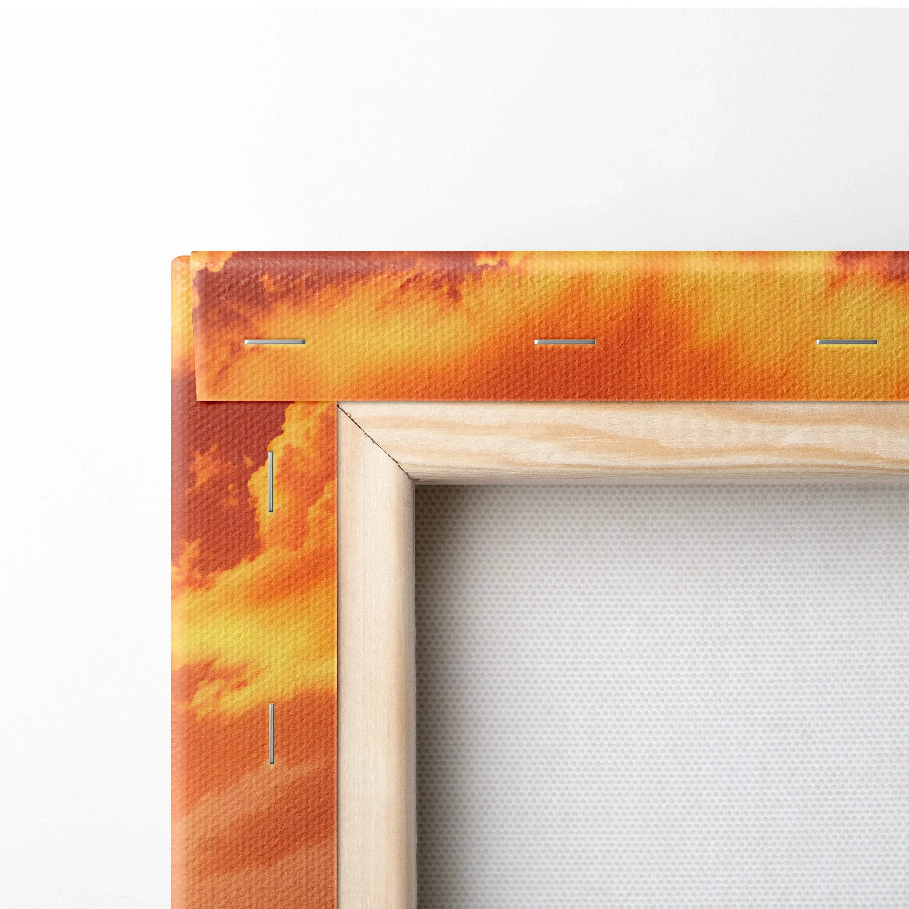 Visionary sunset over snow peaks and lava fields on wooden canvas print