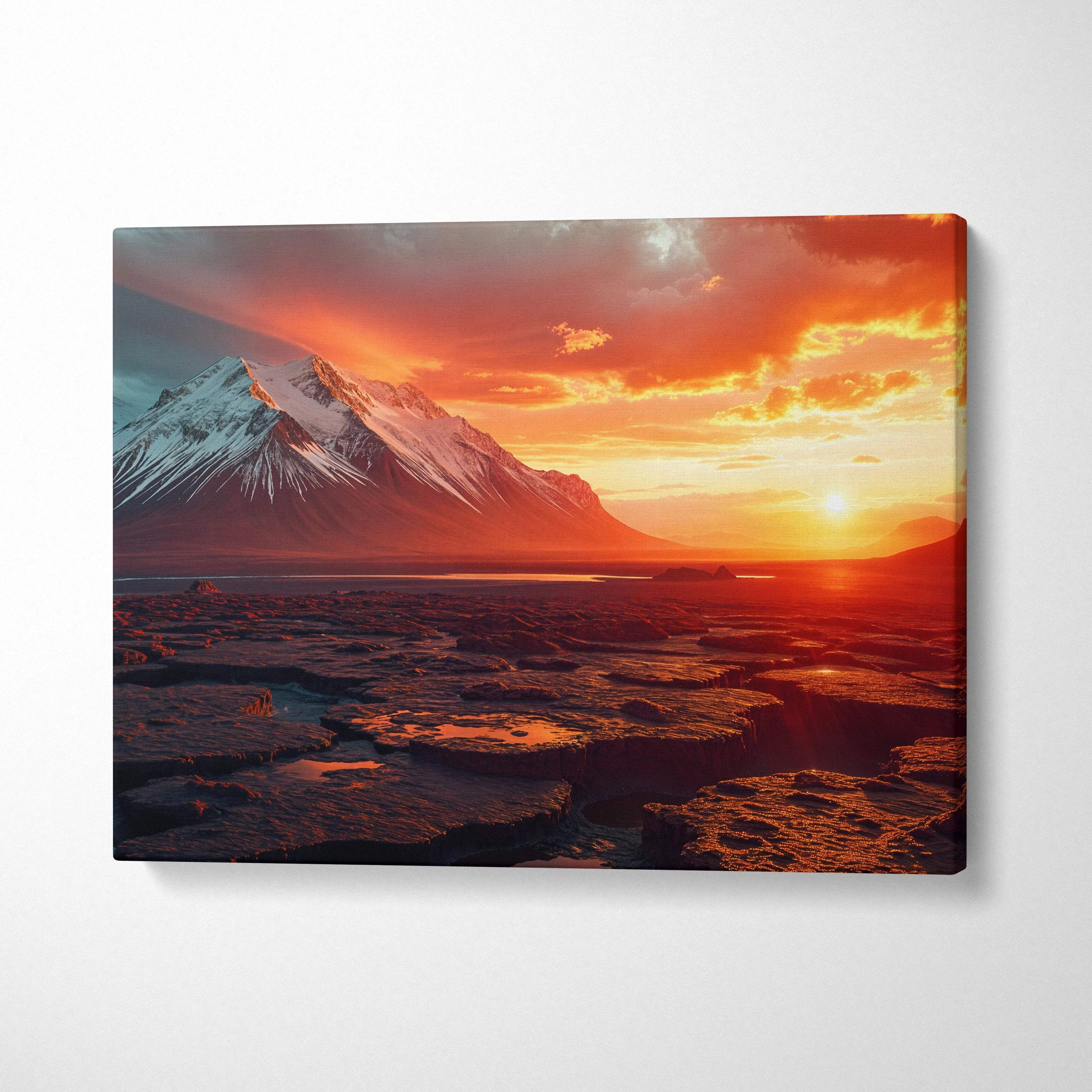 Visionary sunset over snow-capped peaks and fractured lava fields canvas art