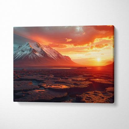 Visionary sunset over snow-capped peaks and fractured lava fields canvas art