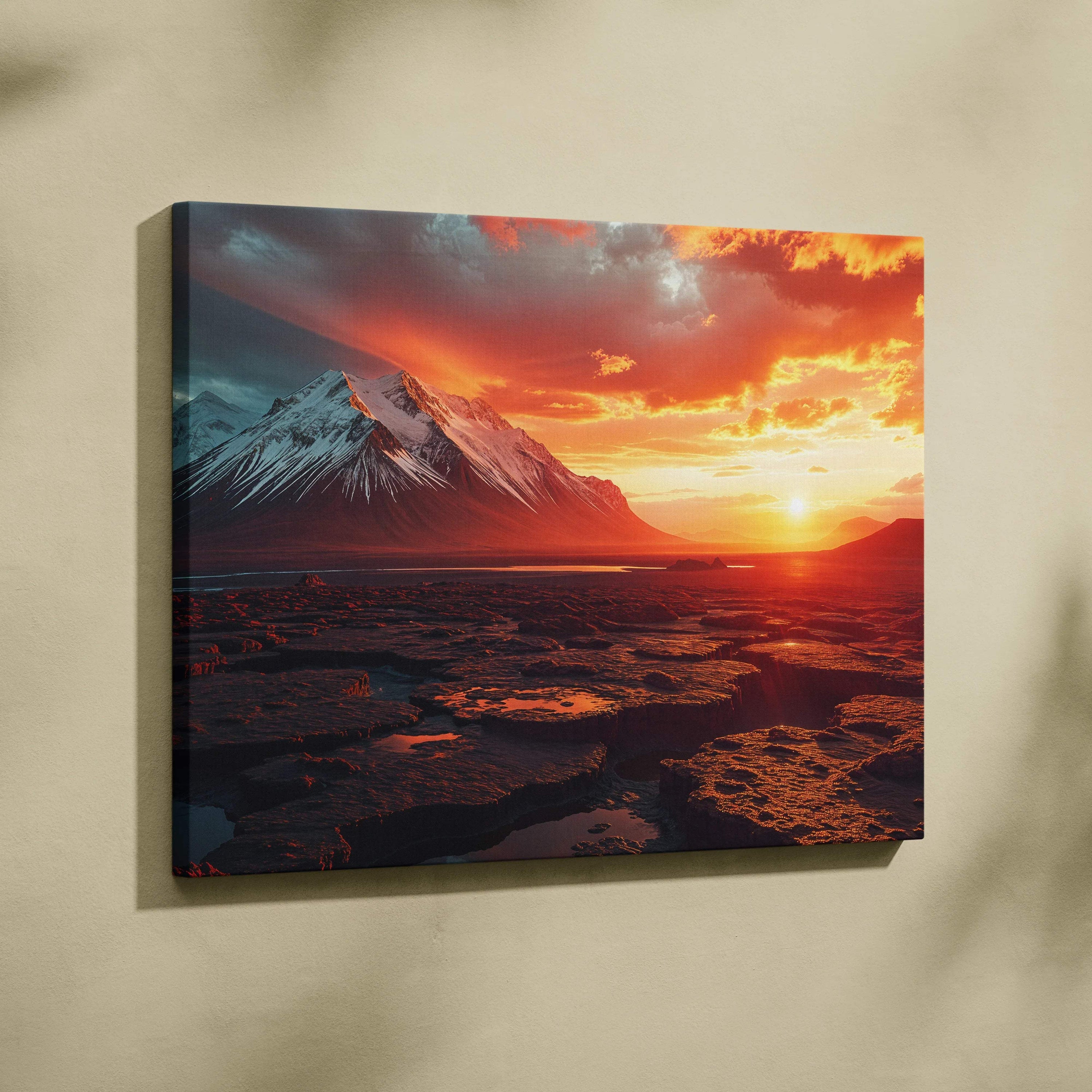 Visionary sunset over snow-capped peaks and fractured lava fields canvas art
