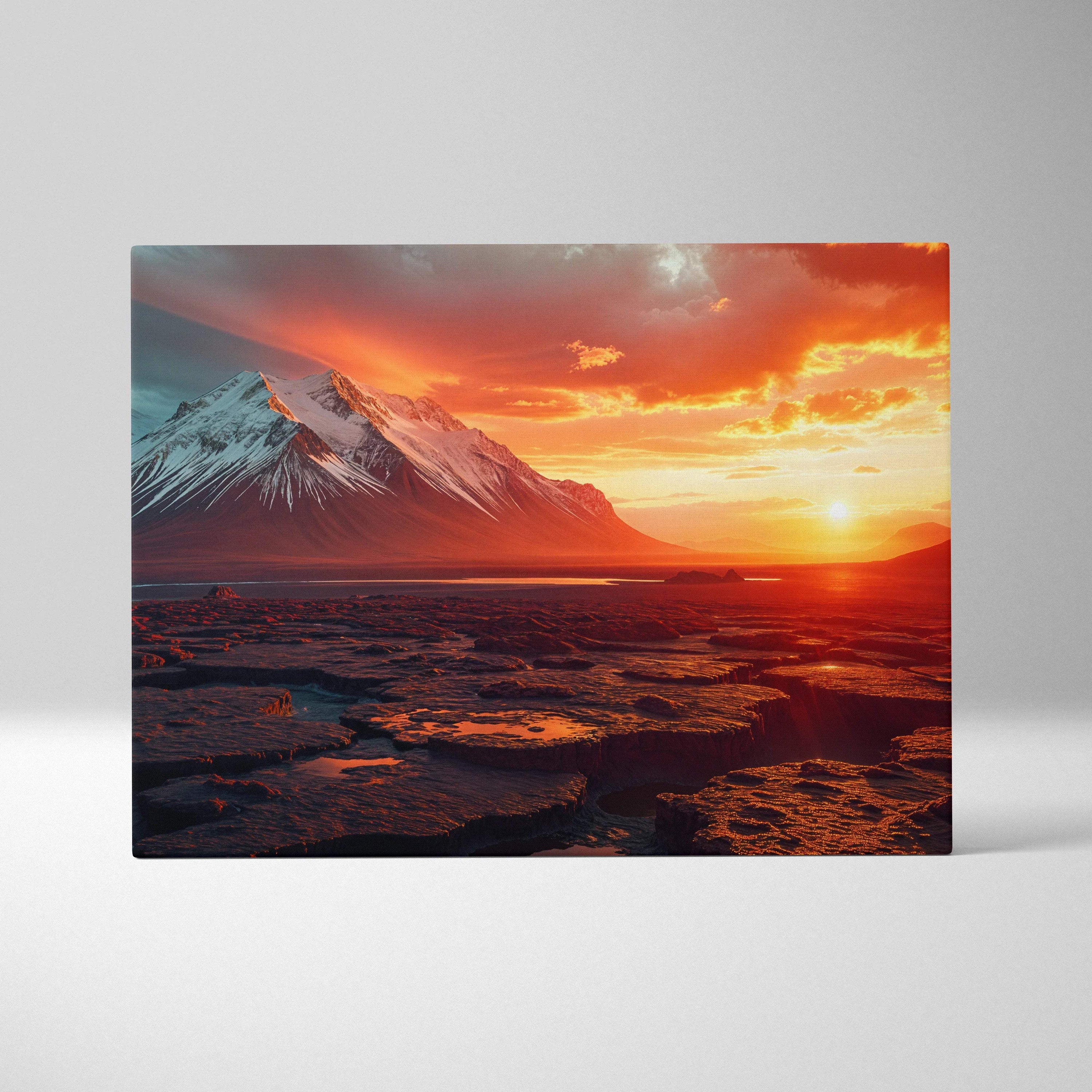 Visionary sunset over snow-capped peaks and fractured lava fields canvas art
