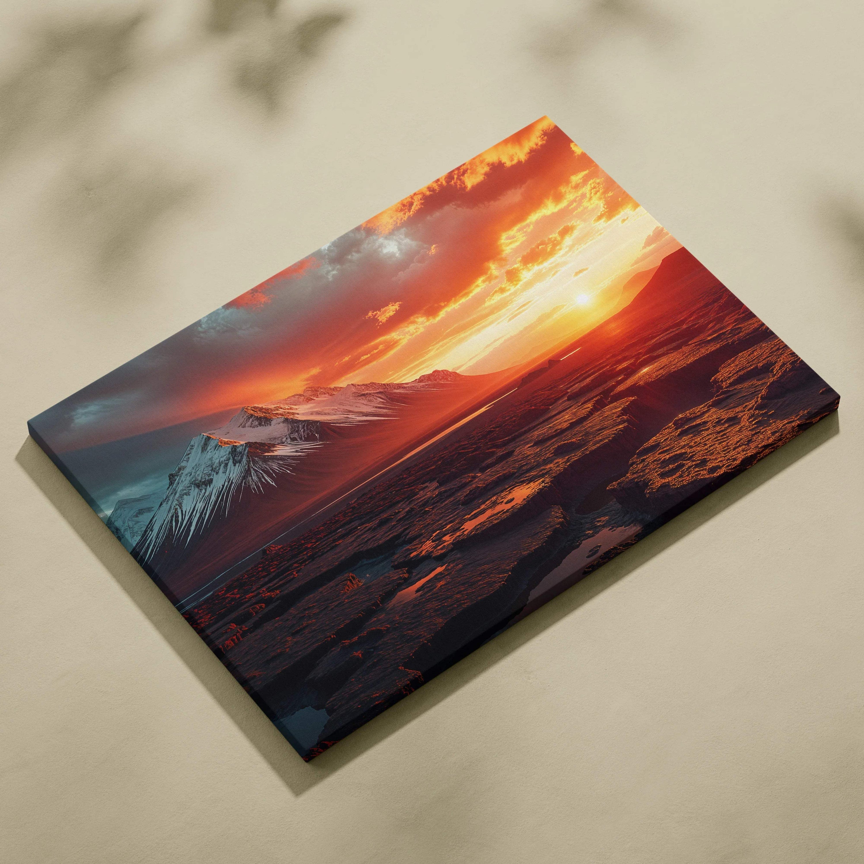 Visionary sunset over snow-capped peaks and lava fields canvas art