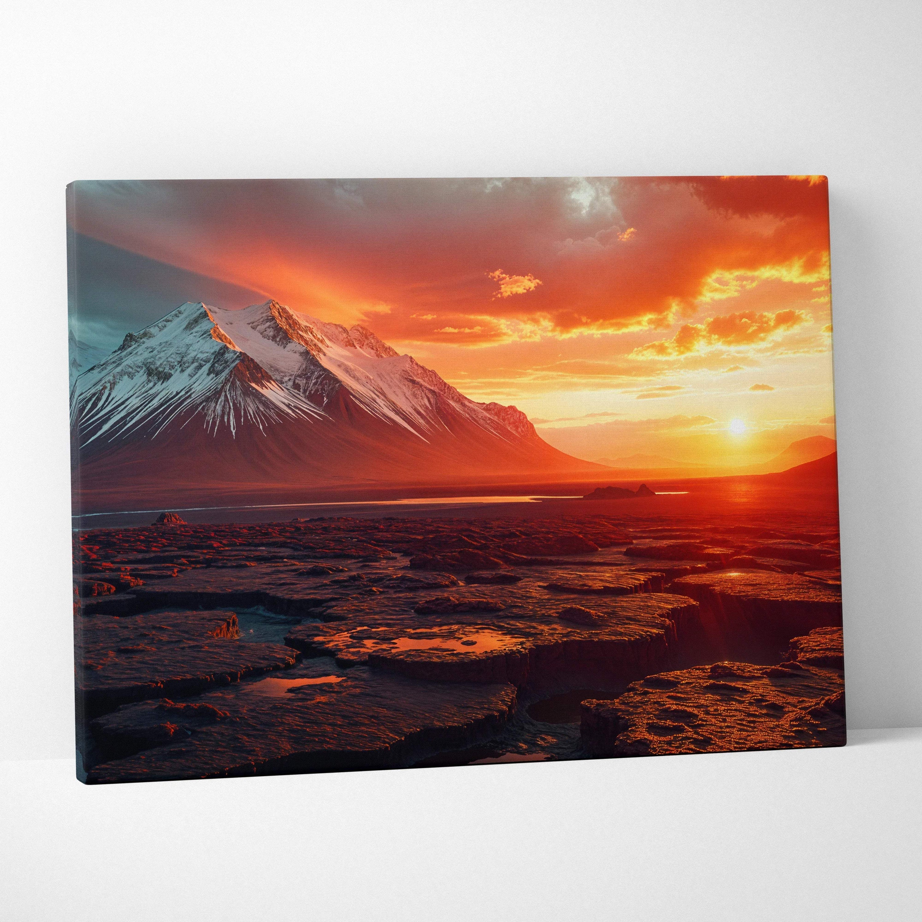 Vibrant sunset over snow-capped peaks and fractured lava fields canvas print