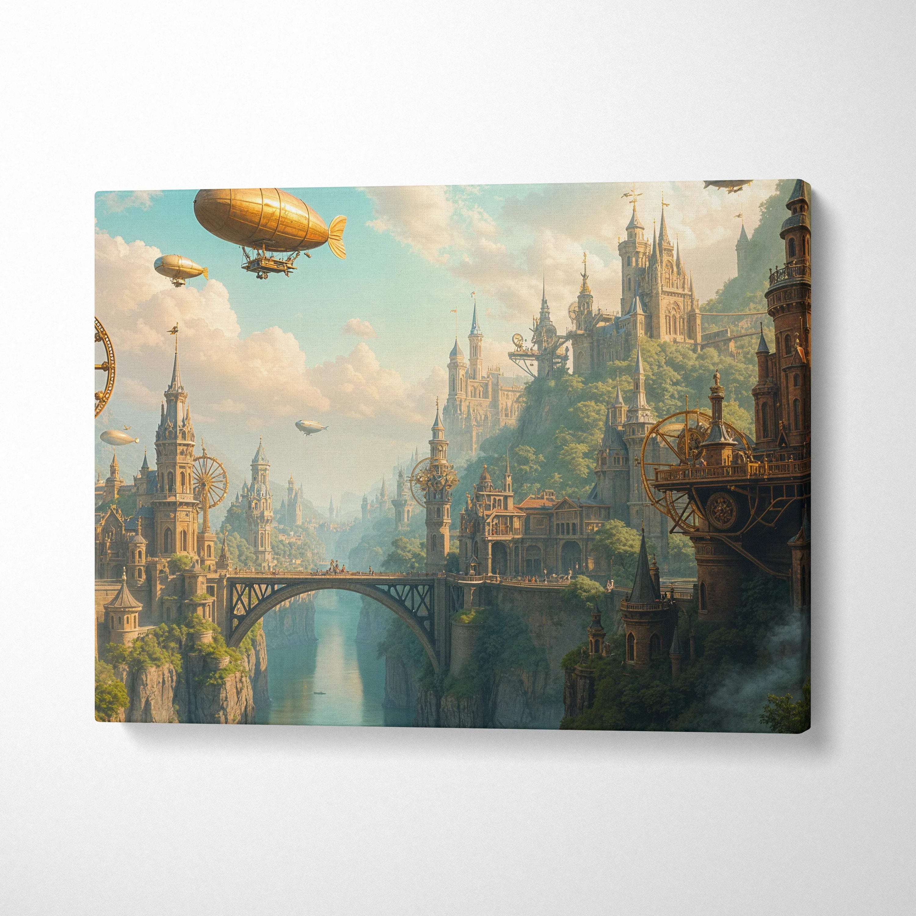 Steampunk city canvas art with clockwork towers and golden airships over misty river