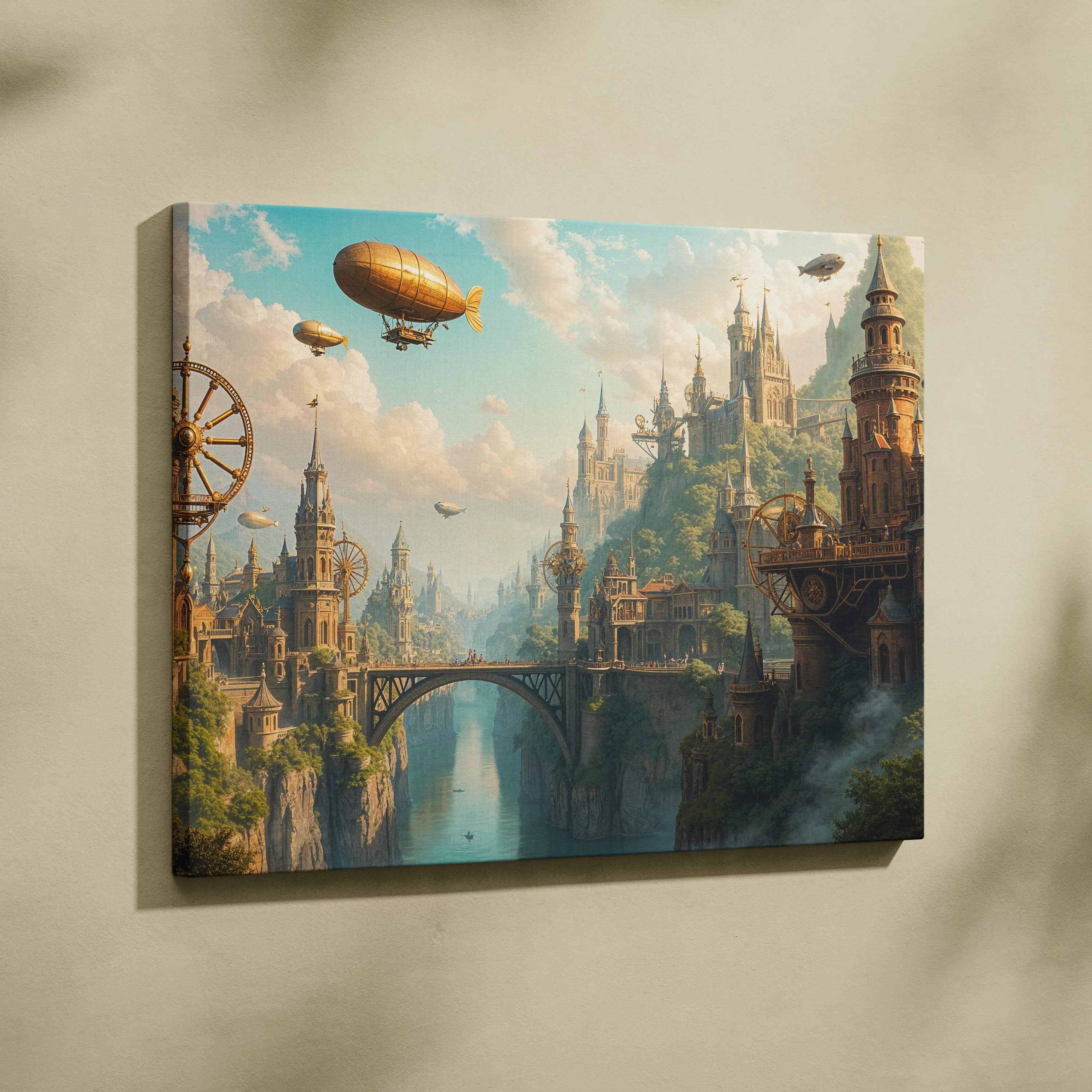 Visionary steampunk city canvas wall art with clockwork towers and golden airships over misty river
