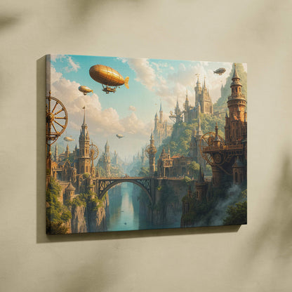 Visionary steampunk city canvas wall art with clockwork towers and golden airships over misty river