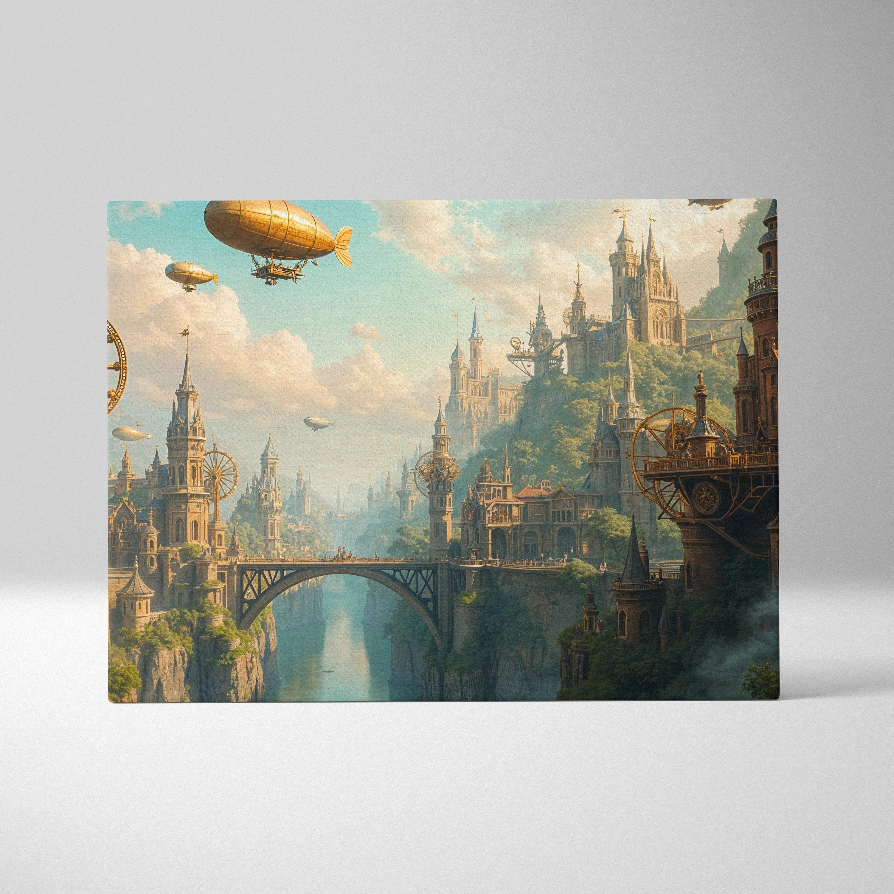 Steampunk city canvas art with clockwork towers and golden airships