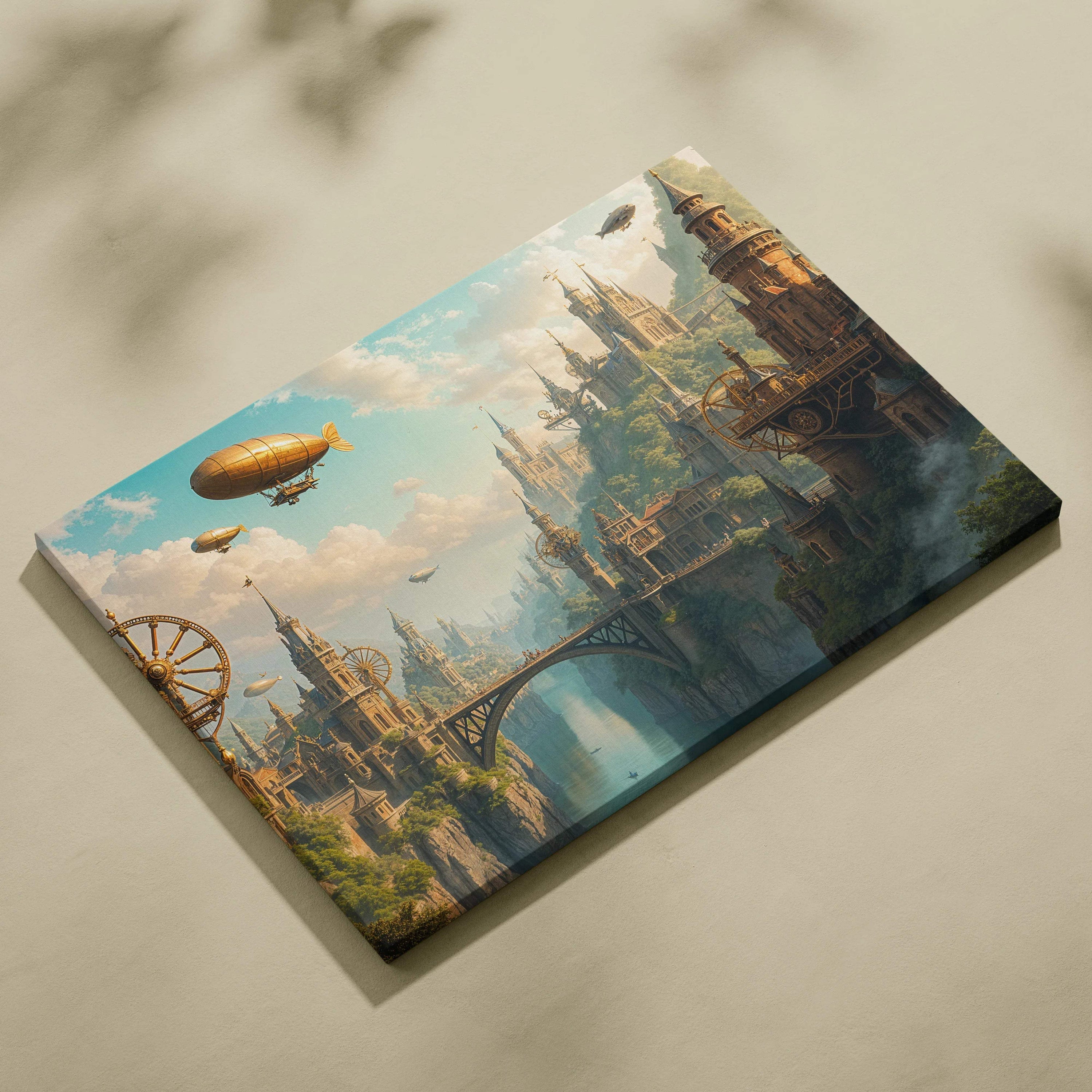 Steampunk city canvas art with clockwork towers, golden airships over misty river