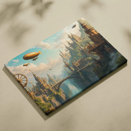 Steampunk city canvas art with clockwork towers, golden airships over misty river