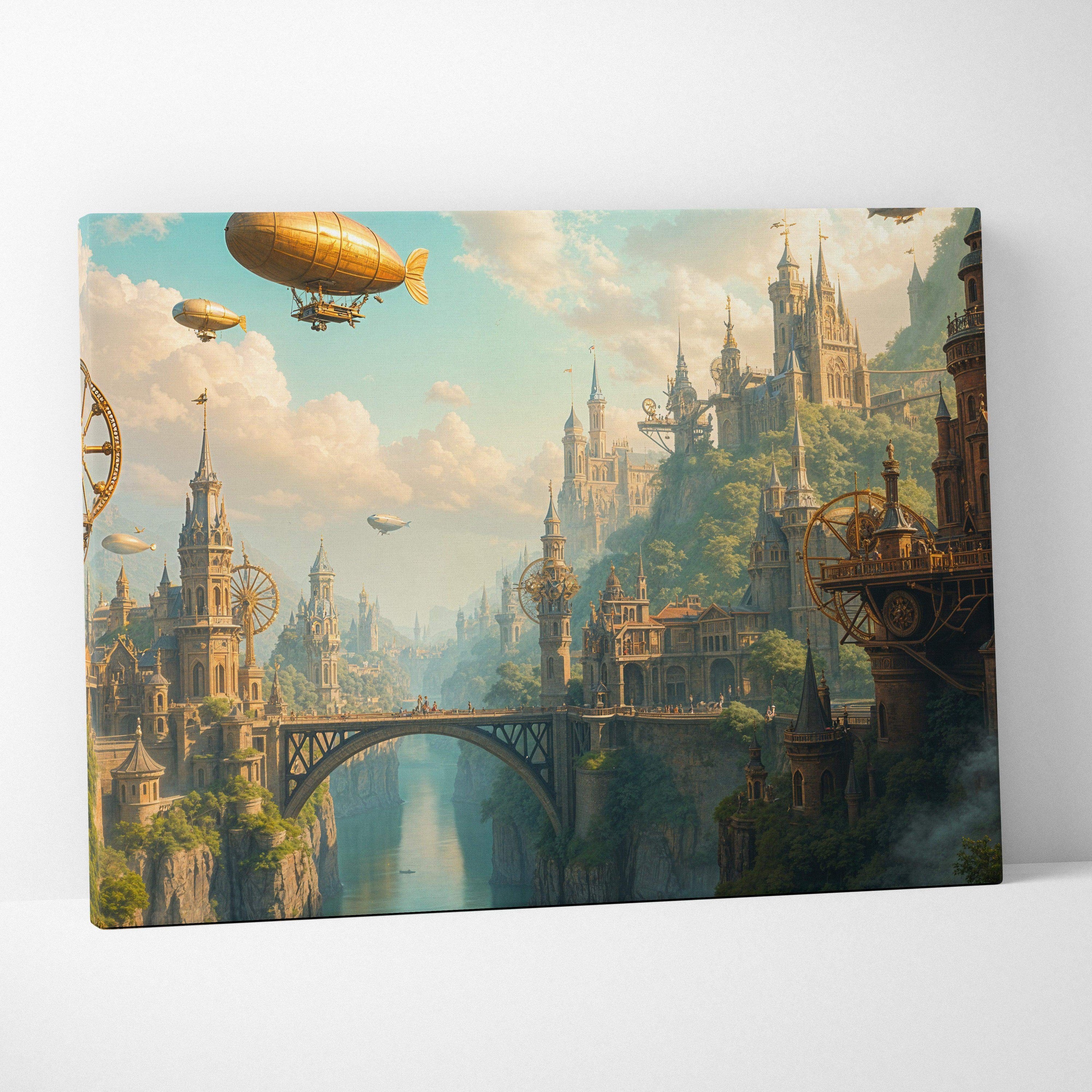 Steampunk city canvas art with clockwork towers, golden airships over misty river