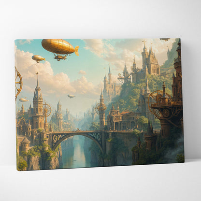 Steampunk city canvas art with clockwork towers, golden airships over misty river