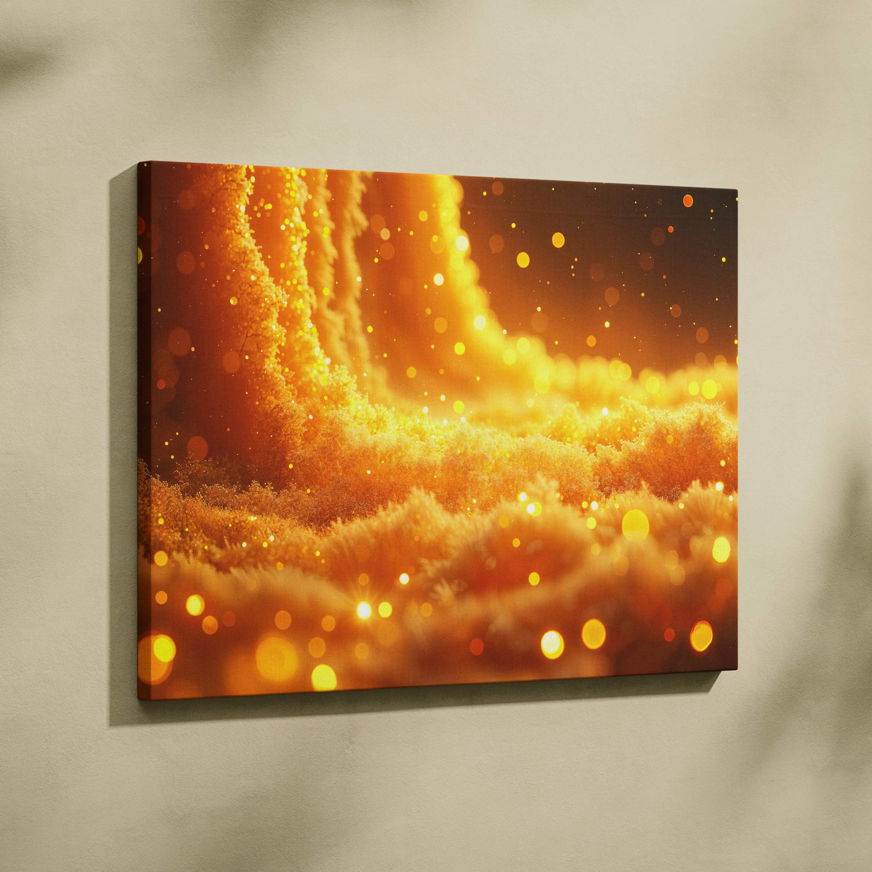 Golden River Of Light Through Glowing Dust canvas wall art in warm dreamlike glow