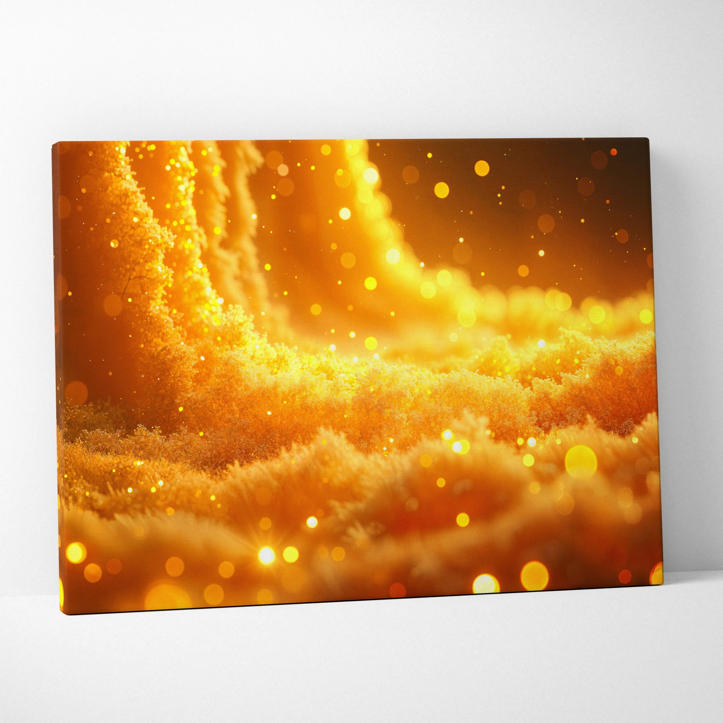Golden River of Light canvas wall art with swirling glowing bokeh patterns