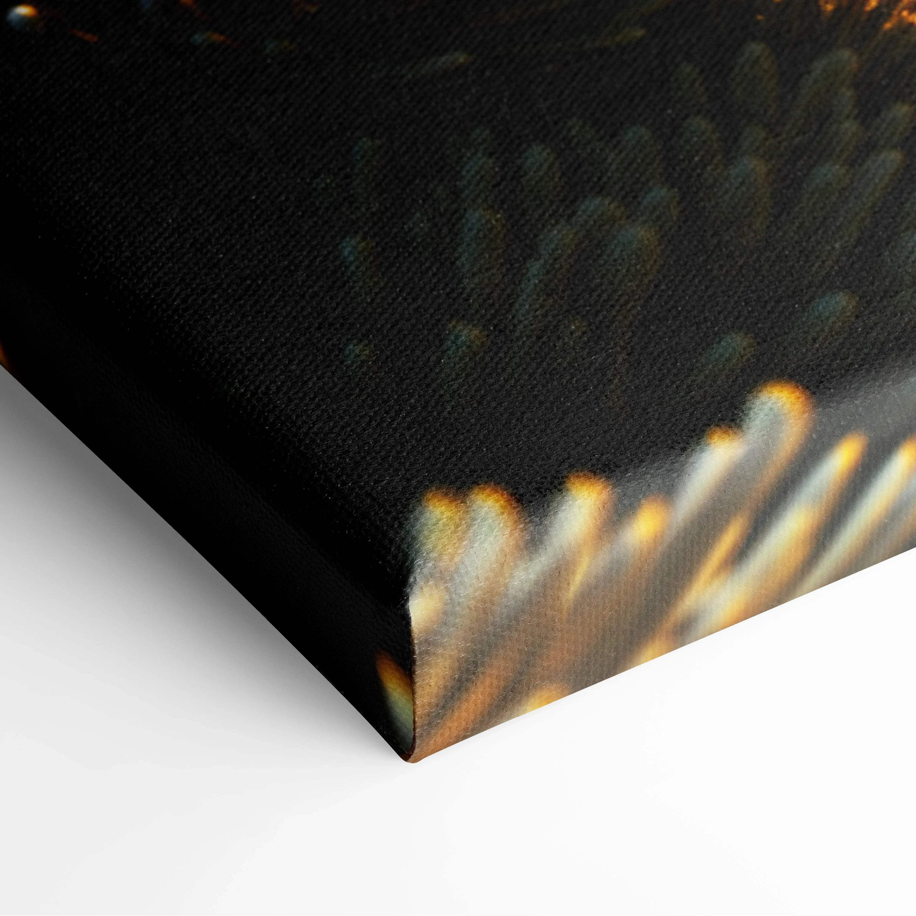 Black canvas print of underwater sunbeams over coral reef with fish