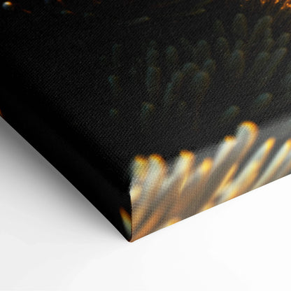 Black canvas print of underwater sunbeams over coral reef with fish