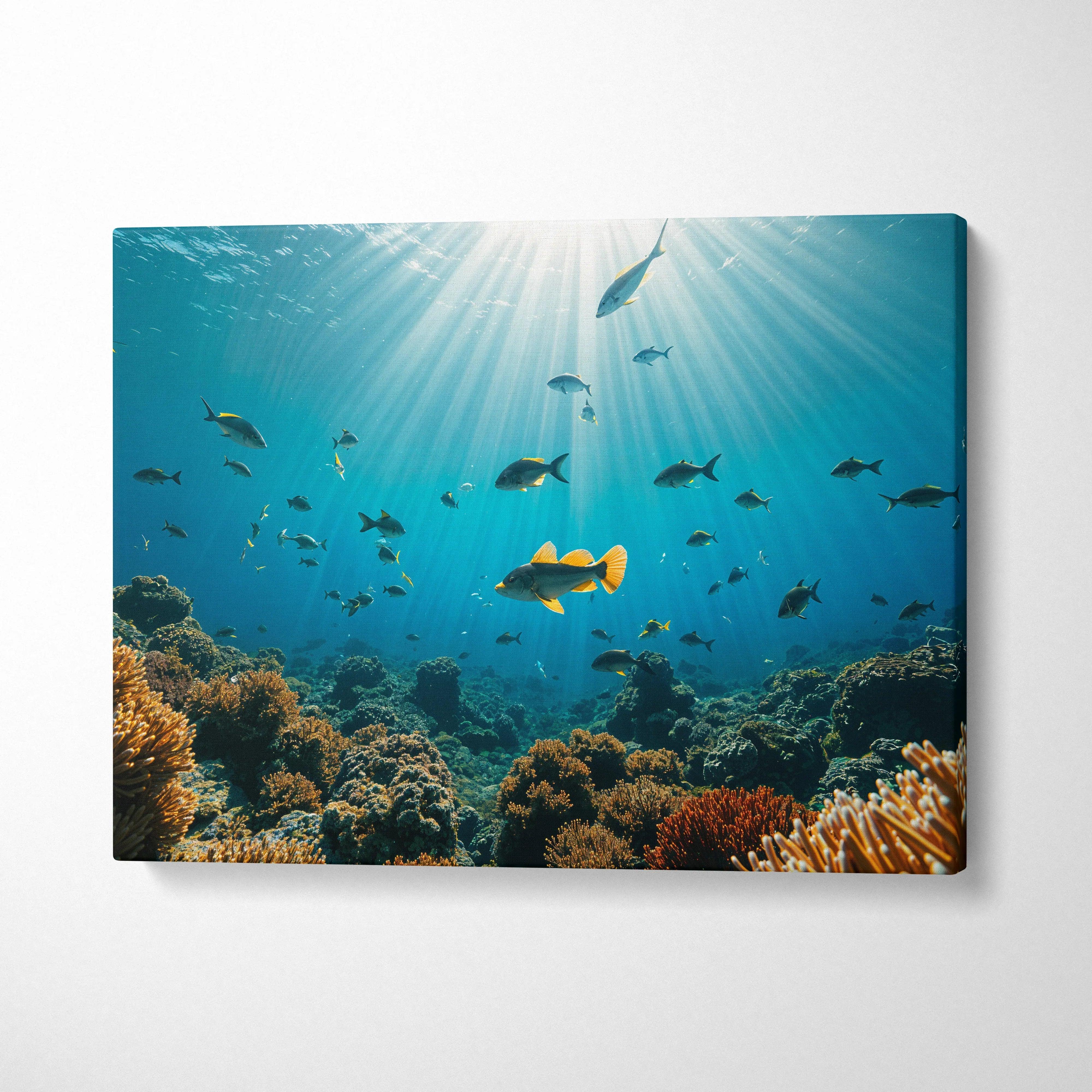 Vibrant underwater canvas print of fish over turquoise coral reef with sunbeams