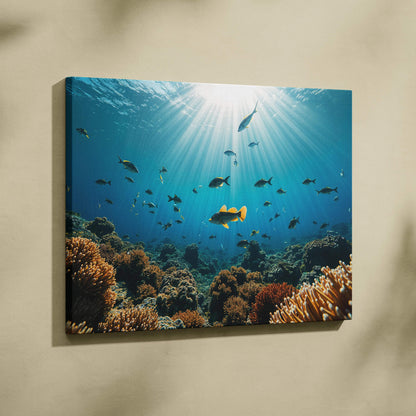A vibrant underwater scene canvas print featuring sunbeams piercing through blue water above a colorful coral reef teeming with fish.