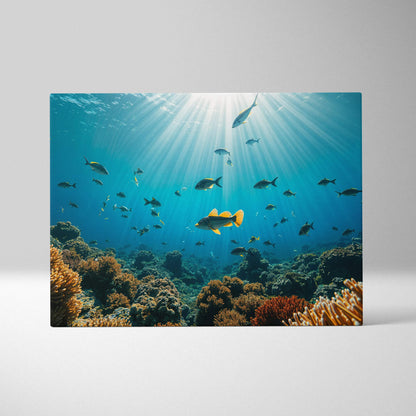Underwater coral reef canvas print featuring vibrant orange and brown corals with schools of fish swimming in deep blue water, sunlight rays piercing through the surface.