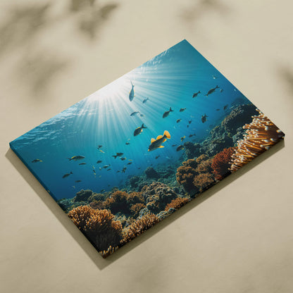 Vibrant underwater coral reef canvas print featuring sunlit rays and colorful fish swimming above a textured, orange-hued reef.