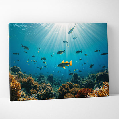Blue underwater canvas print with sun rays, vibrant fish, and coral reef