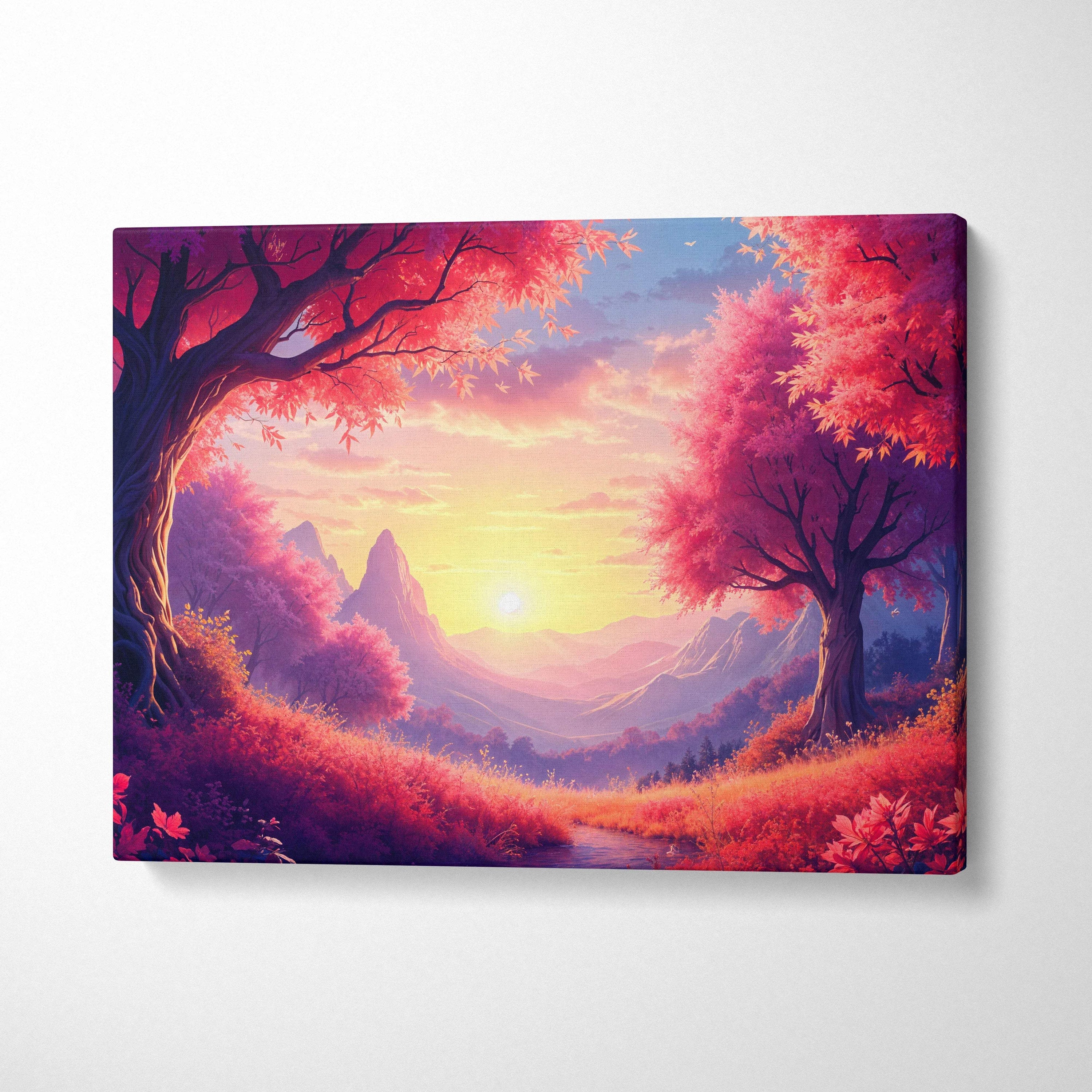 Vibrant crimson trees framing golden sunrise visionary landscape canvas art