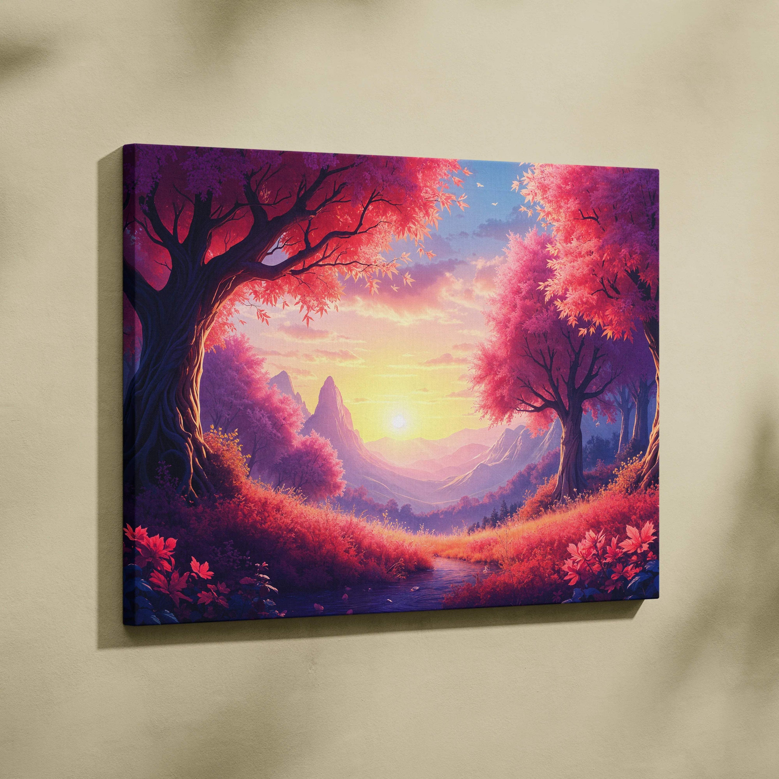 Vibrant crimson trees framing golden sunrise canvas wall art with stream