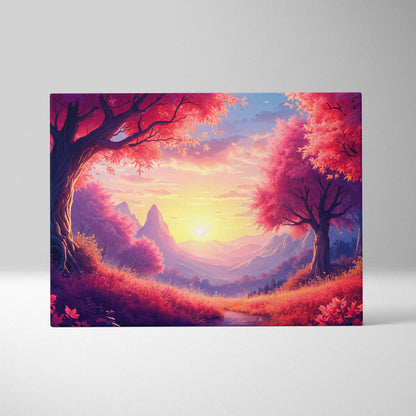 Vibrant crimson trees framing golden sunrise landscape canvas with stream